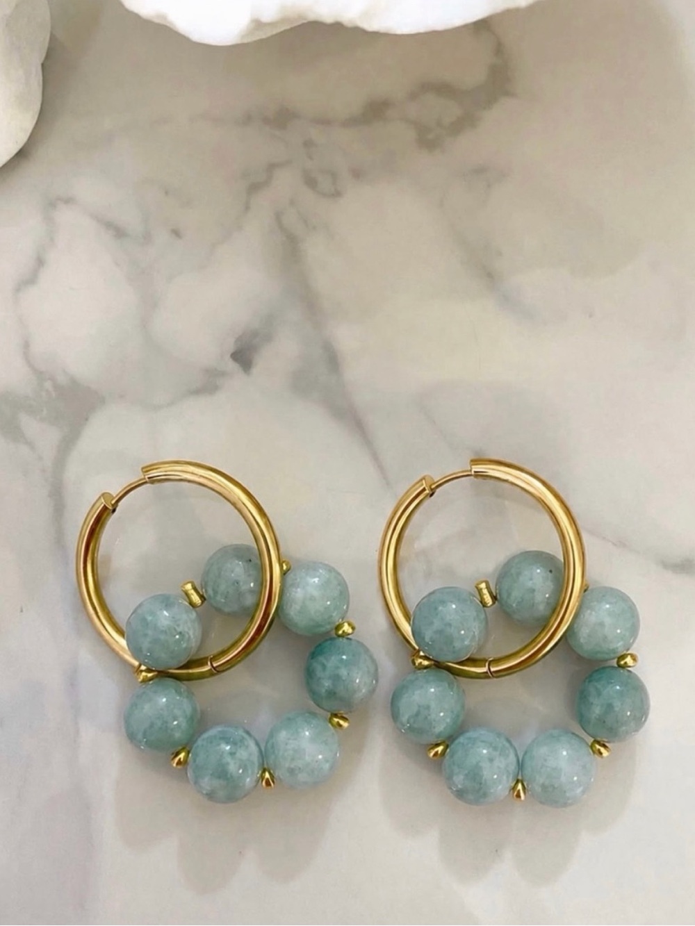 Aquamarine bead & gold hoop statement earrings
